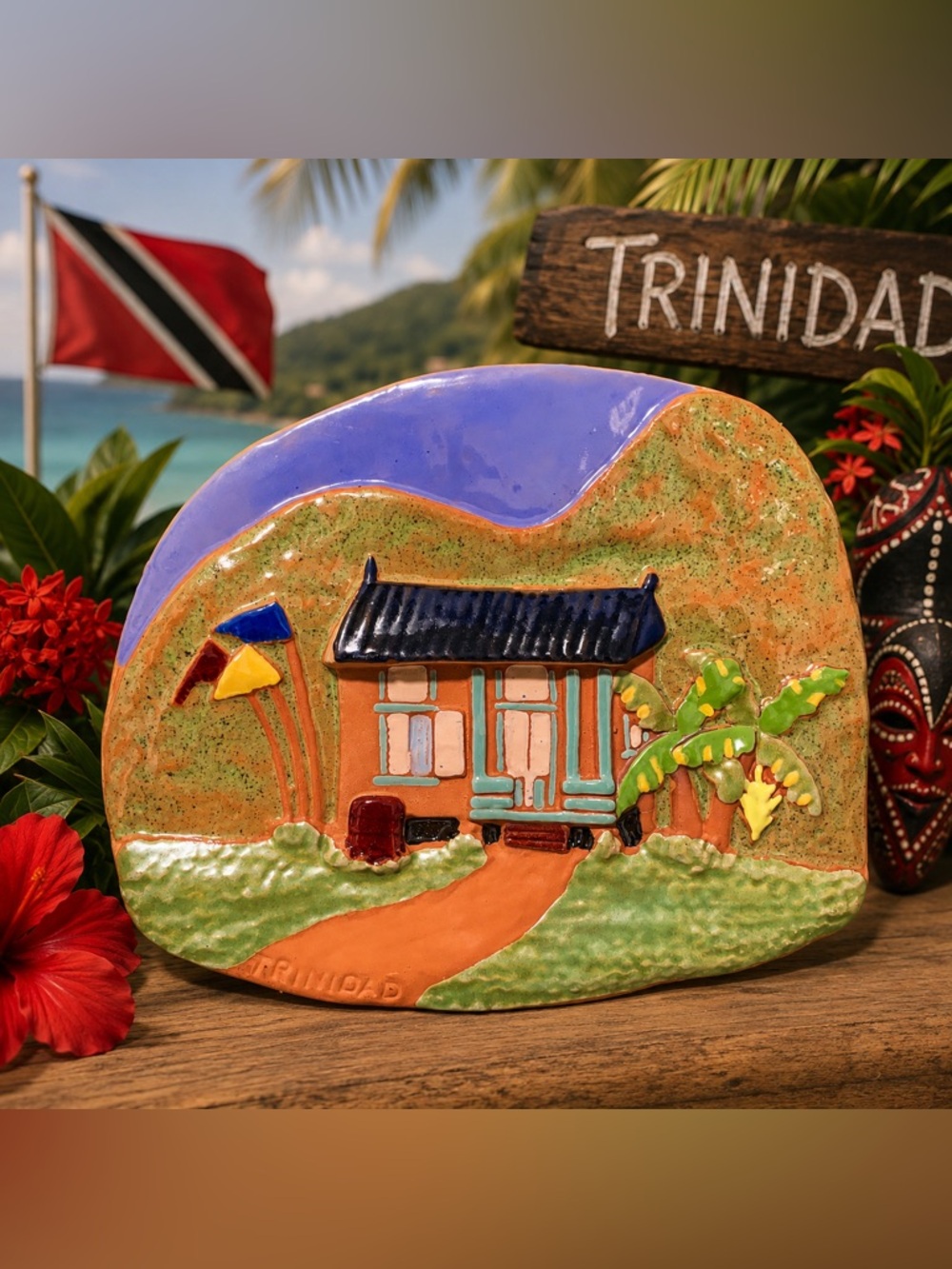 🔍 Trinidad Caribbean Cottage Ceramic Wall Plaque • Colorful Tropical Décor